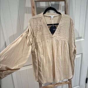 Cream V-Neck Pleated Women's Top